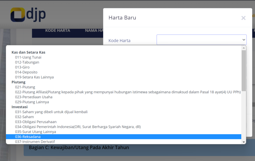 Kolom Pelaporan Harta SPT Tahunan - 036 Reksa Dana