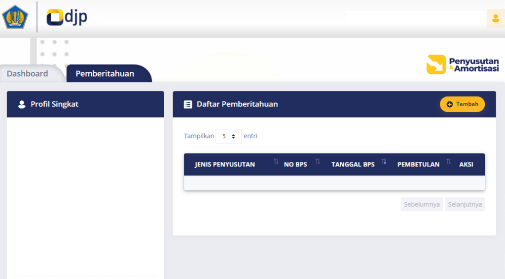 Dashboard Layanan Pemberitahuan Penyusutan Amortisasi DJP Online