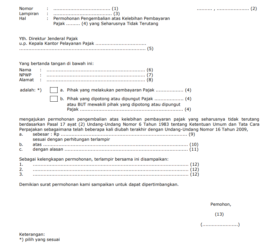 Format Surat Permohonan Pengembalian Kelebihan Pembayaran Pajak yang Seharusnya Tidak Terutang 
