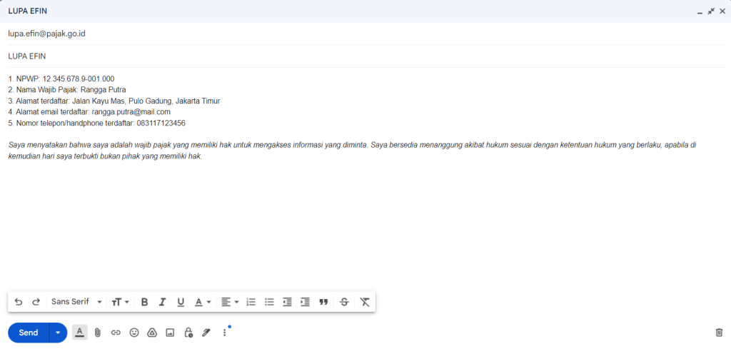 Contoh Format Lupa EFIN WPOP lewat Email